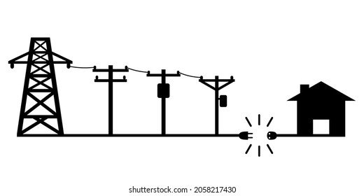 Electric Poles To Transmit Electricity To House Or Home Power Failure Outage Plug And Socket Unplug Black Icon On White Background Flat Vector Design.