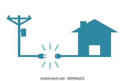 Electric Poles To Transmit Electricity To House Or Home Power Failure Outage Plug And Socket Unplug Black Icon On White Background Blue Flat Vector Design.