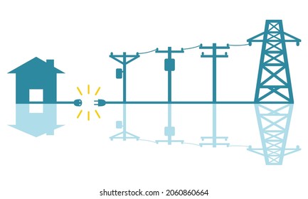 Electric Poles To Transmit Electricity To House Or Home Power Failure Outage Plug And Socket Unplug Blue Icon On White Background Flat Vector Design.