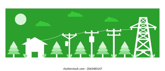 Electric poles to transmit electricity to house or home with tree icon flat vector design paper cut. Concept eco clean green energy environmentally friendly.