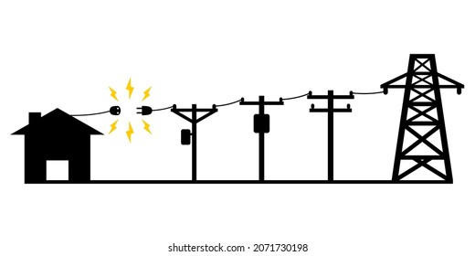 Electric Poles To Transmit Electricity To House Or Home Power Failure Outage Plug And Socket Unplug Blue Icon On White Background Black Icon Flat Vector Design.