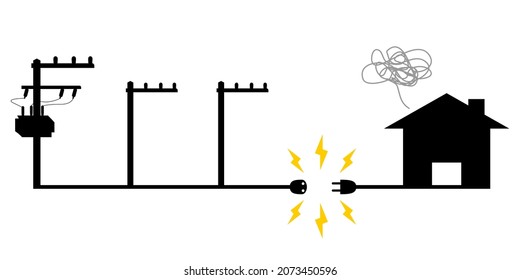 Electric poles to transmit electricity to house or home power failure outage plug and socket unplug sparks black icon on white background flat vector design.