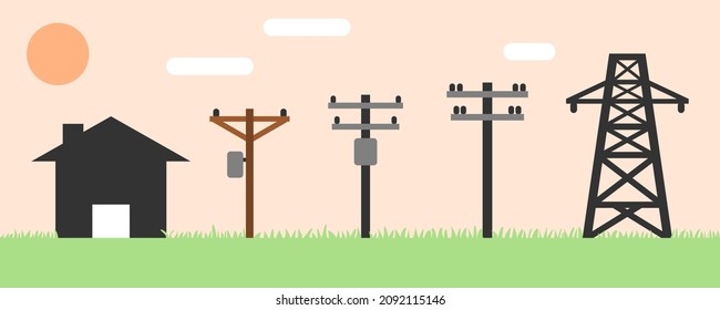 Electric poles to transmit electricity to house or home in day time on green grass icon flat vector design. Concept eco clean green energy environmentally friendly.