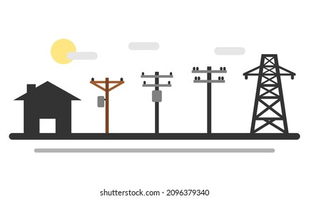 Electric poles to transmit electricity to house or home in day time on white background icon flat vector design. Concept eco clean green energy environmentally friendly.