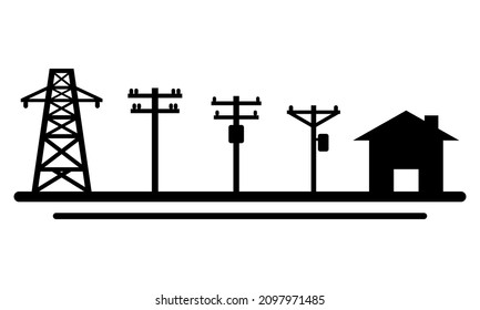 Electric poles to transmit electricity to house or home in day time on white background icon flat vector design. Concept eco clean green energy environmentally friendly.