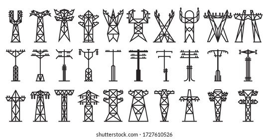 Electric Poles Vector Black Set Icon. Vector Illustration Electrical Pillar On White Background. Isolated Black Set Icon Electric Poles.