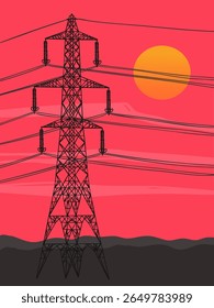 Postes elétricos com fios no campo. Ilustração vetorial.