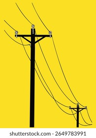 Postes elétricos com fios no campo. Ilustração vetorial.