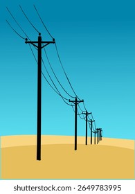 Postes elétricos com fios no campo. Ilustração vetorial.