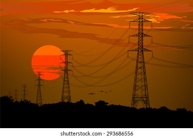 electric post landscape and red sun vector