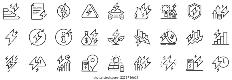 Electric power, Charge station and Electricity price inflation set. Energy line icons. Eco energy, efficiency consumption and saving electricity line icons. Lightning bolt, electric power. Vector