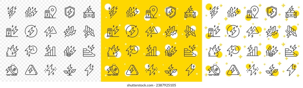 Energía eléctrica, estación de carga y precio de la electricidad fijado. Iconos de la línea de energía. Energía ecológica, consumo eficiente y ahorro de los iconos de la línea de electricidad. Rayo, energía eléctrica. Vector