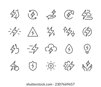 Electric power clean energy green. icons set, energy, eco, Friendly Power  Lightning bolt Lightning flash thunder icon set icon vector symbol logo illustration line editable stroke