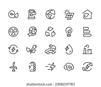 electric power clean energy green. icons CO2, solar geothermal wind energy, hydropower net zero, co2 eco, biofuel biomass, Friendly Power ecological environmental line editable stroke icon set vector