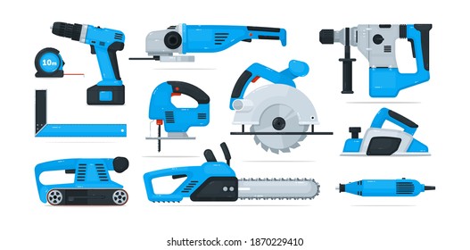 Electric power construction worker hand tool and equipment. Professional jigsaw, circular-saw, power-planer, grinder, drill, ruler woodworking electrical hardware vector illustration isolated on white