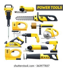 Electric power construction worker tools flat pictograms set in black and yellow abstract isolated vector illustration  