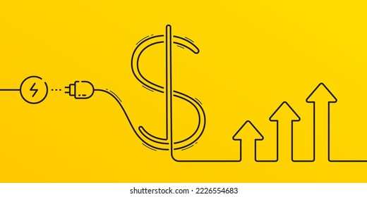 Electric power cord in the dollar sign. Inflation concept banner. Electricity and utility cost, expense and bills. Save electric power background. Electricity up trend chart. Vector