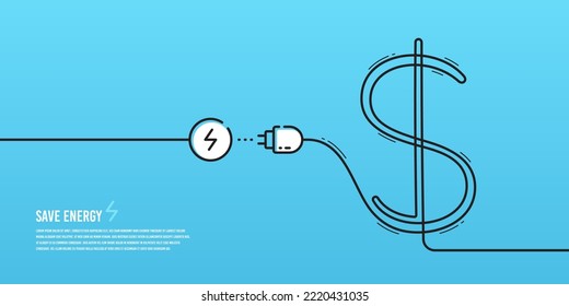 Electric power cord is like a dollar sign. Electricity and utility cost, expense bills. High inflation. Save money by saving electricity banner. Lightning or thunder icon. Vector