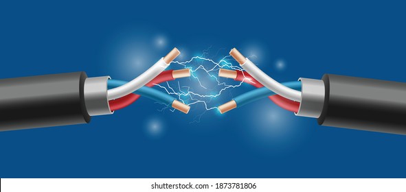 Electric power discharge with sparks and glowing lightnings between breaks of industry copper three-core electrical cable in color insulation. Realistic 3d vector illustration.