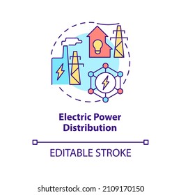 Electric Power Distribution Concept Icon. Smart Grid System Productivity Abstract Idea Thin Line Illustration. Isolated Outline Drawing. Editable Stroke. Roboto-Medium, Myriad Pro-Bold Fonts Used