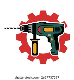 Electric Power Drill Vector Icon with Gear for Construction and Tools