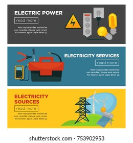 Electric power, electricity sources and services promo posters with new power sockets, bright bulbs, big toolkit, compact voltmeter, wind generators, solar battery and tall tower vector illustrations.