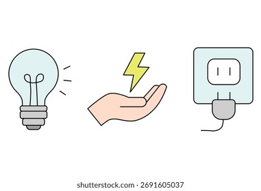 Electric power and energy concept flat vector illustration with light bulb, lightning and socket