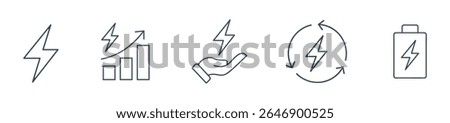 Electric Power and Energy Line Icons Set - Lightning Bolt, Growth, Hand, Recycle, and Battery Vector Symbols Illustration