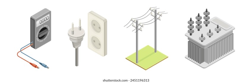 Electric Power and Energy Objects Isometric Vector Set