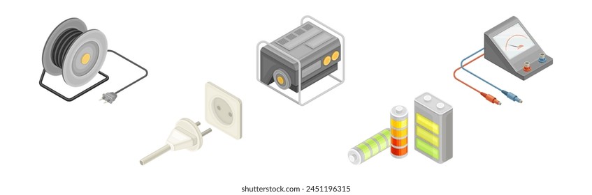 Elektrische Energie und Energie Objekte Isometrische Vektorgrafik Set