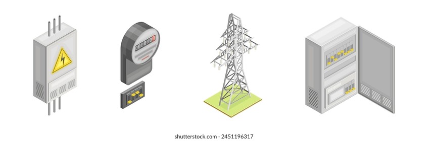 Electric Power and Energy Objects Isometric Vector Set