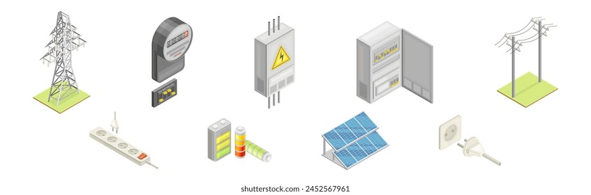 Electric Power and Energy Objects Isometric Vector Set