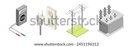 Electric Power and Energy Objects Isometric Vector Set
