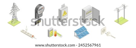 Electric Power and Energy Objects Isometric Vector Set
