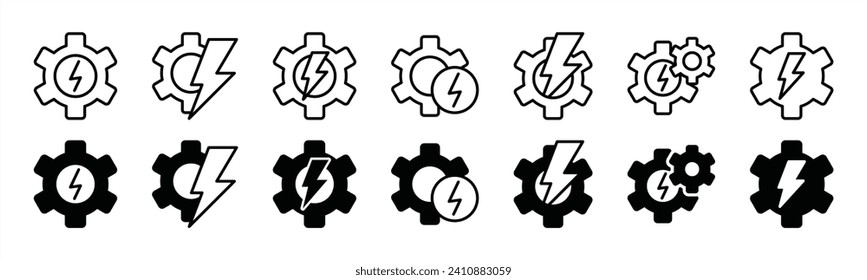 Electric power energy setting icon. Electricity setup, settings, options and control panel icon set. Gear with flash lightning bolt symbol. Vector illustration
