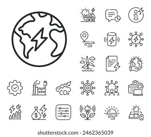 Electric power energy sign. Energy, Co2 exhaust and solar panel outline icons. Electricity line icon. Lightning bolt symbol. Electricity line sign. Eco electric or wind power icon. Vector