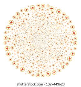 Electric Power exploding round cluster. Object pattern combined from random electric power design elements as exploding round shape. Vector illustration style is flat iconic symbols.
