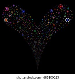 Electric Power explosive stream. Vector illustration style is flat bright multicolored iconic electric power symbols on a black background. Object fountain created from random icons.
