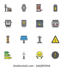 Electric power filled outline icons set, line vector symbol collection, electrical energy linear colorful pictogram pack. Signs logo illustration, Set includes icons as alternative energy, solar panel