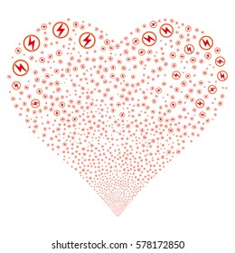 Electric Power fireworks with heart shape. Vector illustration style is flat intensive red and orange iconic symbols on a white background. Object valentine heart combined from confetti symbols.