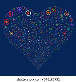 Electric Power fireworks with heart shape. Vector illustration style is flat bright multicolored iconic symbols on a blue background. Object stream done from random icons.