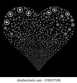 Electric Power fireworks with heart shape. Vector illustration style is flat white iconic symbols on a black background. Object salute combined from scattered pictograms.