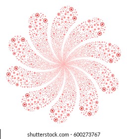 Electric Power fireworks swirl flower with ten petals. Vector illustration style is flat red scattered symbols. Object whirlpool made from random pictograms.