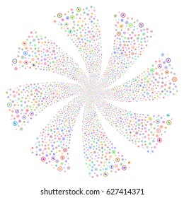 Electric Power fireworks swirl rotation. Vector illustration style is flat bright multicolored iconic symbols on a white background. Object flower made from random symbols.