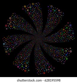 Electric Power fireworks swirl rotation. Vector illustration style is flat bright multicolored iconic symbols on a black background. Object spiral done from random icons.
