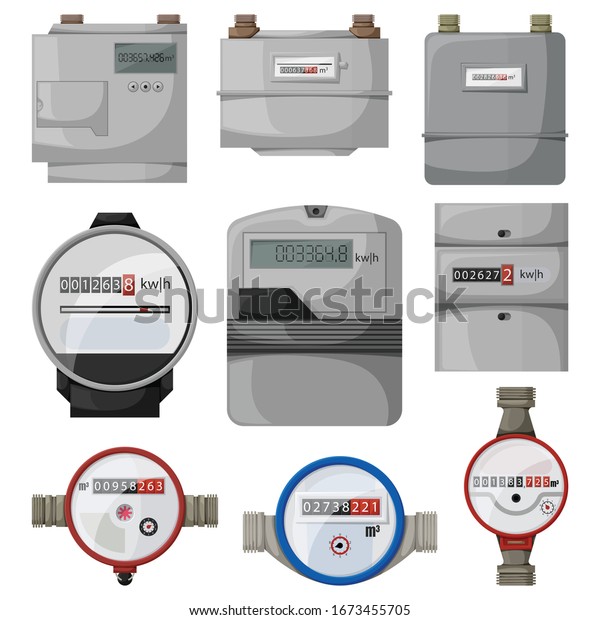 Electric\
power, gas, water meter vector cartoon set icon. Vector\
illustration counter on white background. Isolated vector cartoon\
set icon electric power, gas, water\
meter.