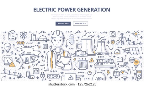 Electric Power Generation Doodle Concept. Electrical Engineer In Helmet With Clipboard At Work. Hand Drawn Illustration For Web Banner, Hero Images And Printing Materials