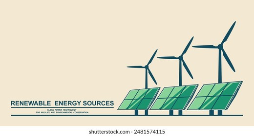 Electric power generation industrial, Wind power generators and Solar cell panel with copy space, Renewable energy sources, Green ecology and eco friendly, Sustainable alternative energy concept.