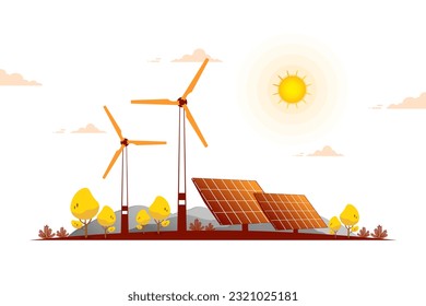 Electric power generation industrial, Windmill farm or Wind turbine and Solar cell panel on white background, Renewable energy sources, Green ecology and eco friendly, Sustainable alternative energy.