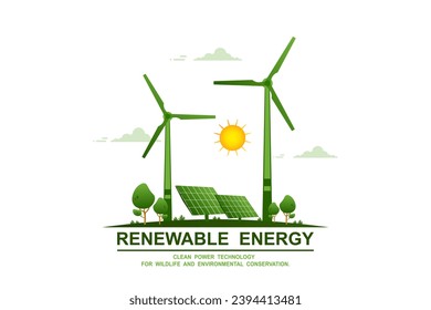 Electric power generation industrial, Windmill farm or Wind turbine and Solar cell panel on white background, Renewable energy sources, Green ecology and eco friendly, Sustainable alternative energy.